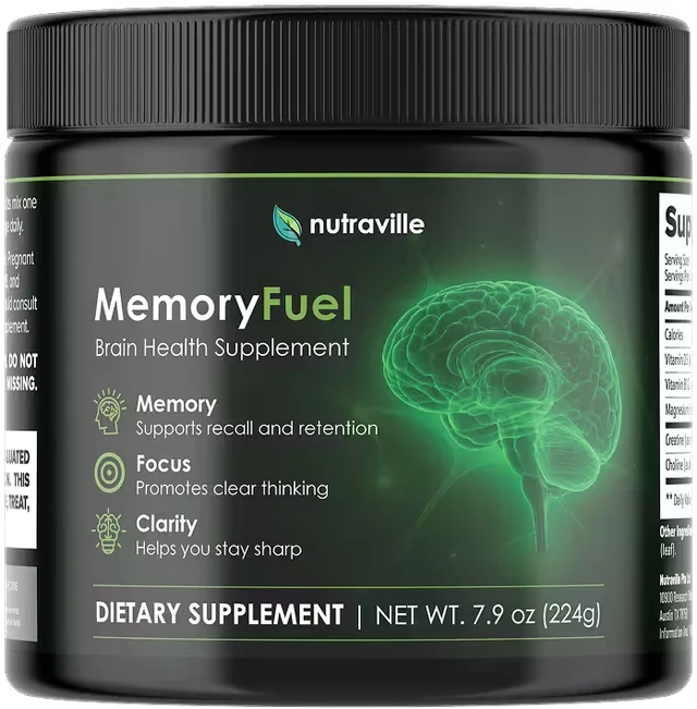 MemoryFuel Brain Health Supplement jar by Nutraville, black with a glowing green brain on the label