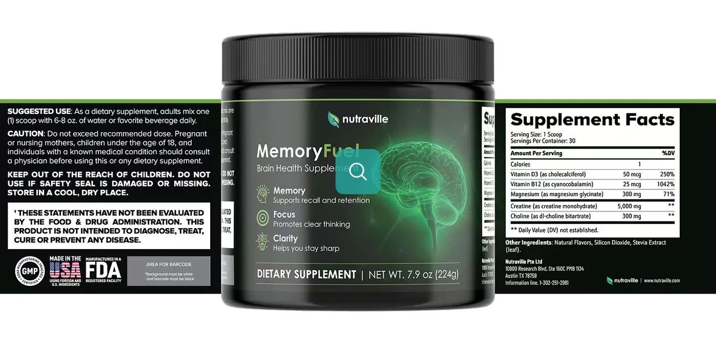 Full MemoryFuel label wrap showing directions, cautions and the Supplement Facts panel